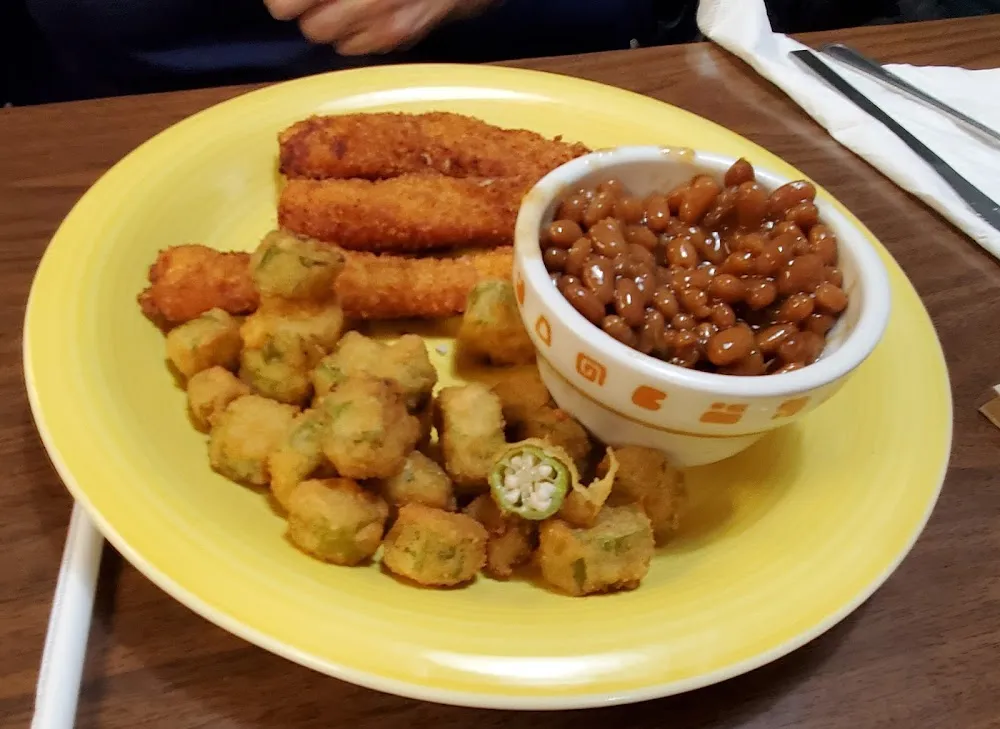 Chicken Tenders w Fried Okra and Baked Beans